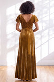 Navy Flutter Sleeves Velvet Sheath Long Bridesmaid Dress