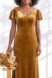 Navy Flutter Sleeves Velvet Sheath Long Bridesmaid Dress