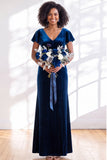 Navy Flutter Sleeves Velvet Sheath Long Bridesmaid Dress
