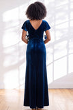 Navy Flutter Sleeves Velvet Sheath Long Bridesmaid Dress