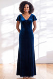 Navy Flutter Sleeves Velvet Sheath Long Bridesmaid Dress