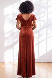 Navy Flutter Sleeves Velvet Sheath Long Bridesmaid Dress