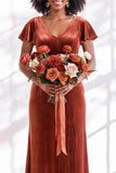 Navy Flutter Sleeves Velvet Sheath Long Bridesmaid Dress
