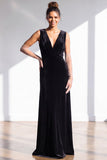 Dark Green Sheath Velvet Ruched V-Neck Long Bridesmaid Dress