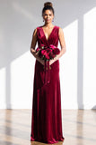 Dark Green Sheath Velvet Ruched V-Neck Long Bridesmaid Dress