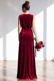Dark Green Sheath Velvet Ruched V-Neck Long Bridesmaid Dress