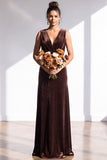 Dark Green Sheath Velvet Ruched V-Neck Long Bridesmaid Dress