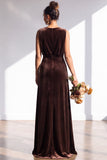 Dark Green Sheath Velvet Ruched V-Neck Long Bridesmaid Dress