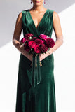Dark Green Sheath Velvet Ruched V-Neck Long Bridesmaid Dress