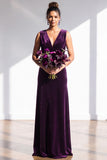 Dark Green Sheath Velvet Ruched V-Neck Long Bridesmaid Dress
