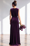 Dark Green Sheath Velvet Ruched V-Neck Long Bridesmaid Dress