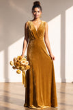Dark Green Sheath Velvet Ruched V-Neck Long Bridesmaid Dress