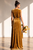 Dark Green Sheath Velvet Ruched V-Neck Long Bridesmaid Dress