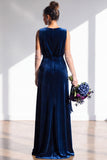 Dark Green Sheath Velvet Ruched V-Neck Long Bridesmaid Dress