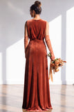 Dark Green Sheath Velvet Ruched V-Neck Long Bridesmaid Dress