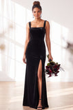 Dusty Sage Velvet A-Line Square Neck Long Bridesmaid Dress with Slit