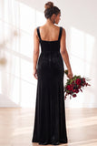 Dusty Sage Velvet A-Line Square Neck Long Bridesmaid Dress with Slit