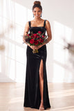 Dusty Sage Velvet A-Line Square Neck Long Bridesmaid Dress with Slit