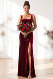 Dusty Sage Velvet A-Line Square Neck Long Bridesmaid Dress with Slit