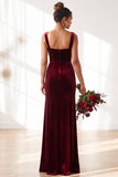 Dusty Sage Velvet A-Line Square Neck Long Bridesmaid Dress with Slit