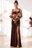 Dusty Sage Velvet A-Line Square Neck Long Bridesmaid Dress with Slit