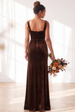Dusty Sage Velvet A-Line Square Neck Long Bridesmaid Dress with Slit