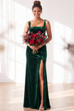 Dusty Sage Velvet A-Line Square Neck Long Bridesmaid Dress with Slit