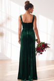 Dusty Sage Velvet A-Line Square Neck Long Bridesmaid Dress with Slit