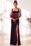Dusty Sage Velvet A-Line Square Neck Long Bridesmaid Dress with Slit