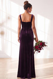 Dusty Sage Velvet A-Line Square Neck Long Bridesmaid Dress with Slit