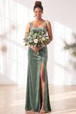 Dusty Sage Velvet A-Line Square Neck Long Bridesmaid Dress with Slit