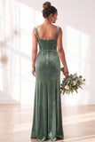 Dusty Sage Velvet A-Line Square Neck Long Bridesmaid Dress with Slit