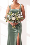 Dusty Sage Velvet A-Line Square Neck Long Bridesmaid Dress with Slit