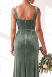 Dusty Sage Velvet A-Line Square Neck Long Bridesmaid Dress with Slit