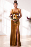 Dusty Sage Velvet A-Line Square Neck Long Bridesmaid Dress with Slit