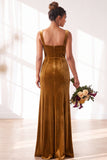 Dusty Sage Velvet A-Line Square Neck Long Bridesmaid Dress with Slit