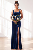 Dusty Sage Velvet A-Line Square Neck Long Bridesmaid Dress with Slit