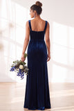 Dusty Sage Velvet A-Line Square Neck Long Bridesmaid Dress with Slit