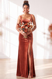 Dusty Sage Velvet A-Line Square Neck Long Bridesmaid Dress with Slit