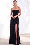 Burgundy Strapless Ruched A-Line Velvet Long Bridesmaid Dress with Slit