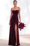 Burgundy Strapless Ruched A-Line Velvet Long Bridesmaid Dress with Slit