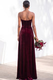 Burgundy Strapless Ruched A-Line Velvet Long Bridesmaid Dress with Slit