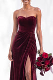 Burgundy Strapless Ruched A-Line Velvet Long Bridesmaid Dress with Slit
