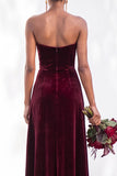 Burgundy Strapless Ruched A-Line Velvet Long Bridesmaid Dress with Slit