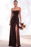 Burgundy Strapless Ruched A-Line Velvet Long Bridesmaid Dress with Slit