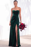Burgundy Strapless Ruched A-Line Velvet Long Bridesmaid Dress with Slit