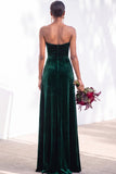 Burgundy Strapless Ruched A-Line Velvet Long Bridesmaid Dress with Slit