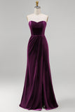 Burgundy Strapless Ruched A-Line Velvet Long Bridesmaid Dress with Slit