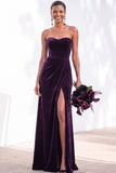 Burgundy Strapless Ruched A-Line Velvet Long Bridesmaid Dress with Slit