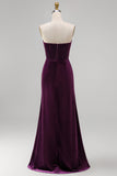 Burgundy Strapless Ruched A-Line Velvet Long Bridesmaid Dress with Slit